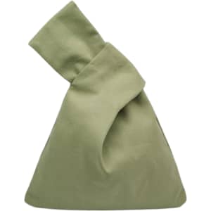 An olive green cotton wrist bag with a unique, folded design and no visible branding.