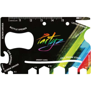 A card-sized multi-tool with a vibrant, multicoloured design featuring various functions like a bottle opener and ruler.