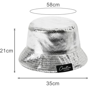 A silver laser glitter bucket hat with a round shape and measurements of 58cm in diameter and 21cm in height.