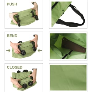 A green collapsible shopping trolley bag with wheels, showcasing its folding mechanism and interior.