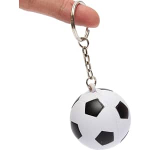 A keyring featuring a small, black and white football stress reliever. It includes a metal chain for attachment.