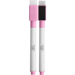 A set of magnetic whiteboard markers in white and pink, featuring a flat and pointed tip design.