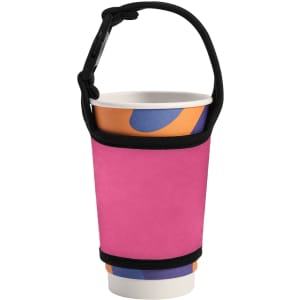 A drink bottle sleeve in bright pink, designed to fit around a cup, featuring a handle and a logo.