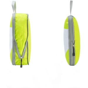 Two travel packing cubes in bright yellow with grey accents, featuring zippers and mesh sides for visibility.