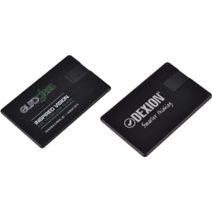 A black swivel card flash drive with two sides, featuring branding on each side.