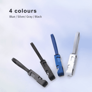 A set of four charging cables in black, silver, blue, and grey, each with an opener and phone stand feature.
