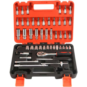 A mechanic socket set in a red and black case featuring various sockets, a ratchet, and additional tools.