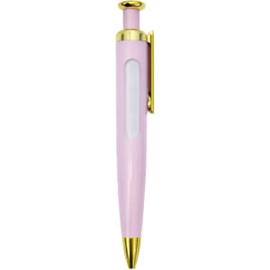 A pink pen with a gold clip and tip, featuring a clear section for spinning messages. It has a logo on the clip.