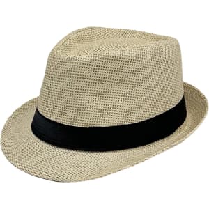 A straw hat with a wide black band, featuring a light beige woven design. It has a classic fedora shape.
