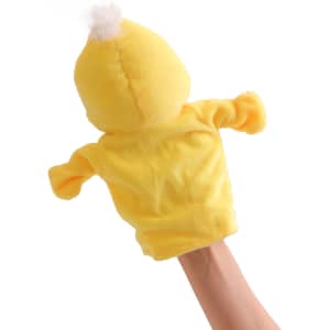 A yellow plush duck hand puppet with a white tuft on its head, featuring an arm for puppeteering.