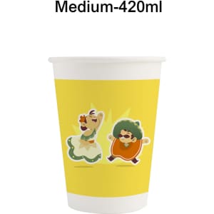 A yellow disposable paper cup featuring playful animal illustrations, designed for beverages with a medium capacity of 420ml.