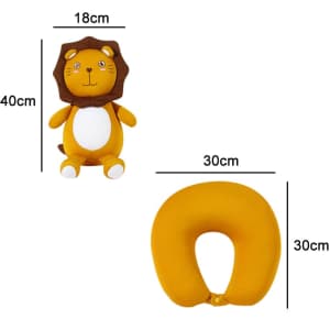 A lion-shaped travel pillow in vibrant yellow, featuring a plush toy design with a smiling face and detachable neck support.