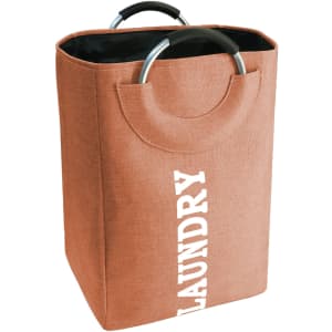 A laundry basket with handle in a rust colour, featuring a textured fabric and a circular handle.
