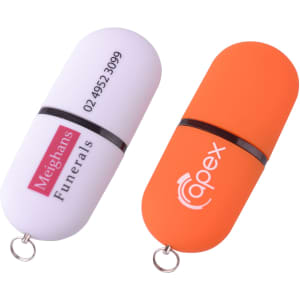 A set of two flash drives, one white with black accents and one orange, featuring branding on each.