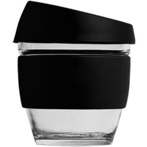 A reusable 8 oz glass coffee cup with a black silicone lid and sleeve. The cup is clear glass with a black accent.