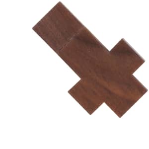 A brown wooden flash drive shaped like a cross, featuring a logo or branding.