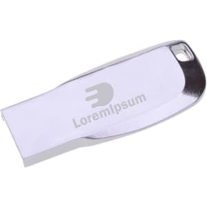 A silver Mini Key Flash Drive with a sleek design and a branding logo.