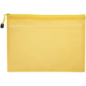 A yellow zippered pouch bag with a textured surface and a drawstring closure. Features a logo on the front.