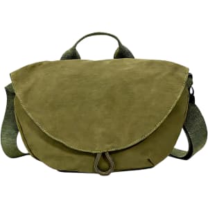 A casual crossbody bag in olive green with a fold-over flap and a shoulder strap. Features a logo.