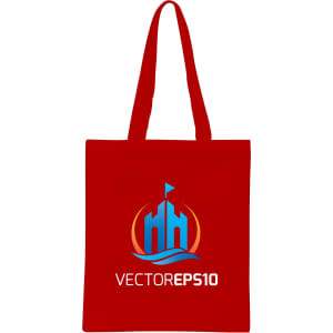 A red long handle cotton bag featuring a logo design. The bag has a spacious body for carrying items.
