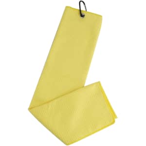 A yellow waffle golf towel with a clip for easy attachment. The towel is textured and folded.