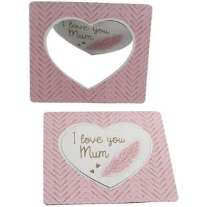 A heart-shaped mirror with a pink chevron pattern, featuring the words "I love you Mum" inside.