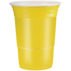 A yellow promotional cup with a lid, designed for party games, featuring a simple design and a logo.