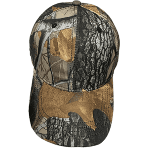 A six-panel cap in true timber camouflage with shades of brown and green, featuring a branding logo.
