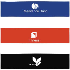 Three latex fitness resistance bands in blue, red, and black, each featuring a logo and text related to fitness.