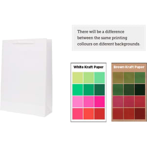 A small white vertical paper bag with a rope handle, featuring a logo and colour swatches for printing options.