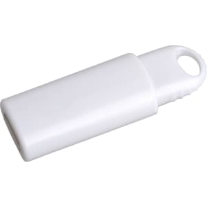 A white click button flash drive featuring a hole for attachment. It has a simple, sleek design.