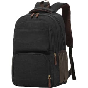 A grey canvas laptop backpack with brown accents and multiple pockets. It features padded shoulder straps.