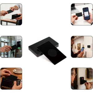 A sleek black metal business card featuring a round NFC chip, displayed in various use scenarios.