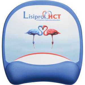 A blue mouse mat with a gel wrist pad featuring two flamingos and a logo on the surface.