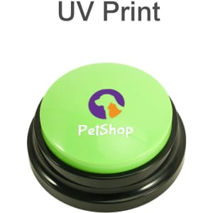 A green voice recording button with a black base and a logo featuring a dog silhouette.