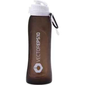A drink bottle made of dark brown silicone with a white cap and a carabiner attachment. Features a logo.