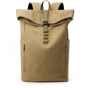 A vintage roll-top backpack in a tan colour, featuring adjustable straps and side zip pockets. It has a logo.