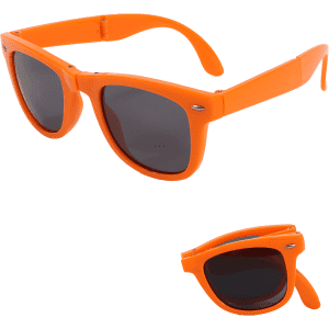 Bright orange folding sunglasses with dark lenses and a compact design, featured alongside a smaller, folded version.