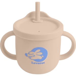 A drink bottle in a beige colour with a straw, featuring handles and a logo.