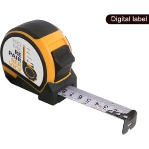 A yellow and black tape measure, 5 metres long, with a retractable measuring tape and a digital label.