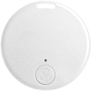 A white circular anti-loss smart tag with a small branding logo and a light indicator.