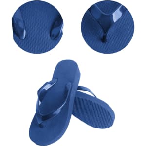 A pair of blue rubber thongs with a textured sole and glossy straps, featuring close-up views of the straps and sole.