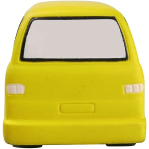 A yellow minibus-shaped stress reliever with a smooth surface and simplistic design. It features a rear view without details.