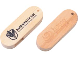 A swivel wooden flash drive featuring a natural finish with branding on both sides.