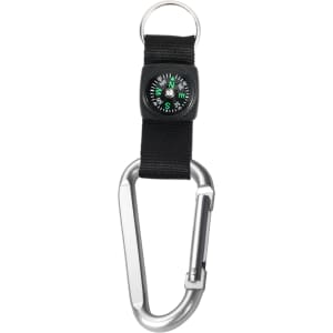 A silver carabiner keychain with a black strap and a green compass attachment. It features a logo.