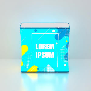 A backlit LED display with a blue background featuring abstract shapes in yellow and white, and a logo.