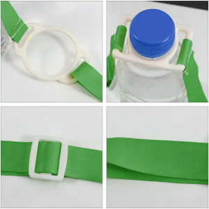 A drink bottle lanyard with a blue cap and green straps, featuring a plastic holder and adjustable buckle.
