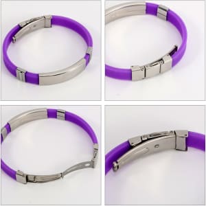 A purple metal folding lock clasp bangle with a shiny silver clasp and a sleek design. It features a logo.