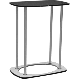 A black tabletop with silver legs, featuring a modern design and a circular base. Ideal for exhibitions and events.