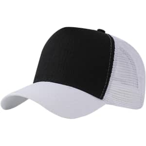 A black and white fashion mesh hat with a solid front and mesh back, featuring a curved brim.
